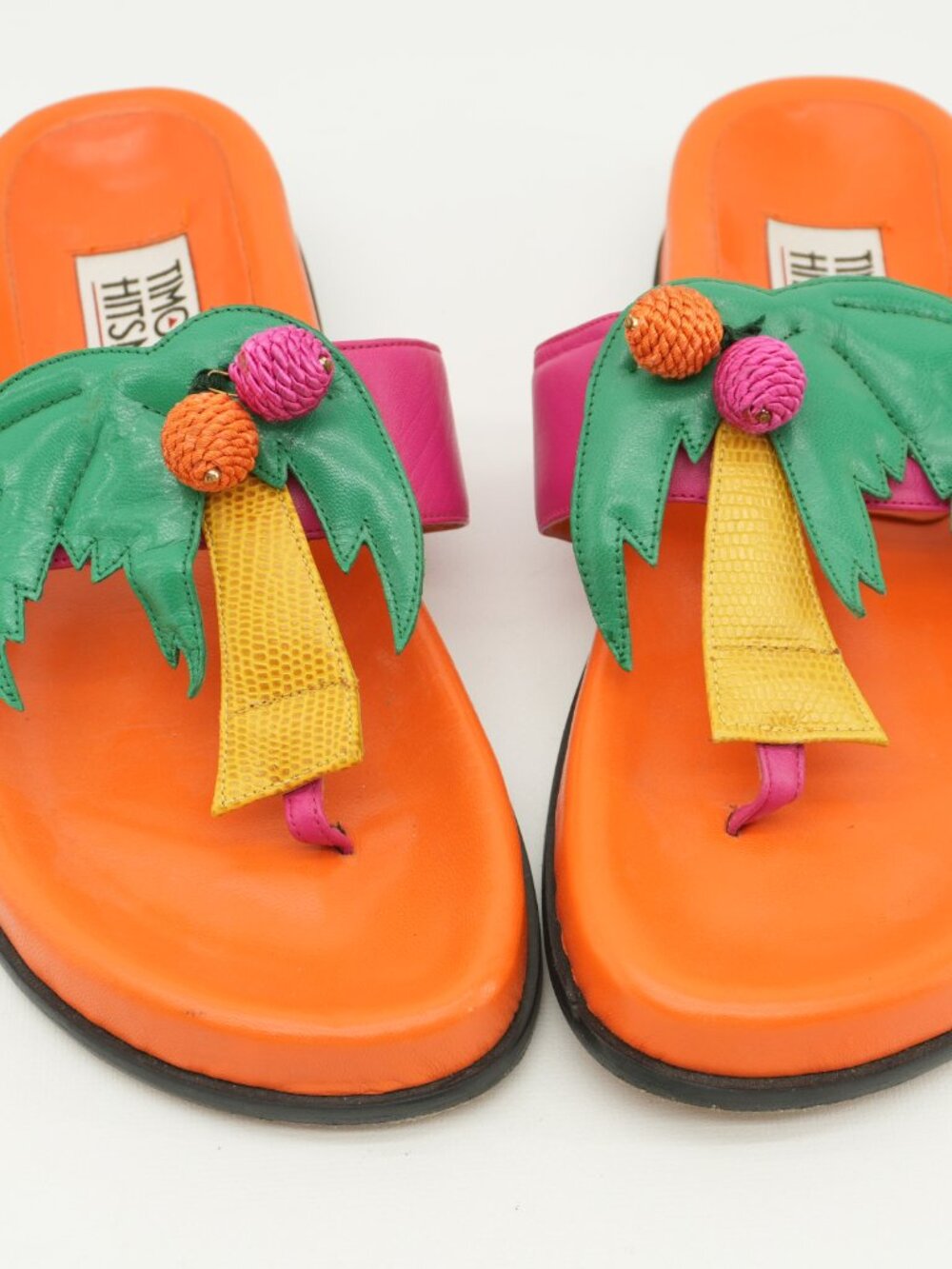 Leather Sandals Vintage Leather Palm Tree Flats Tropical Colorful Slides - Picture 2 of 12